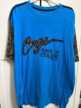 COOGI Blue Tee with Brown Leopard Sleeves